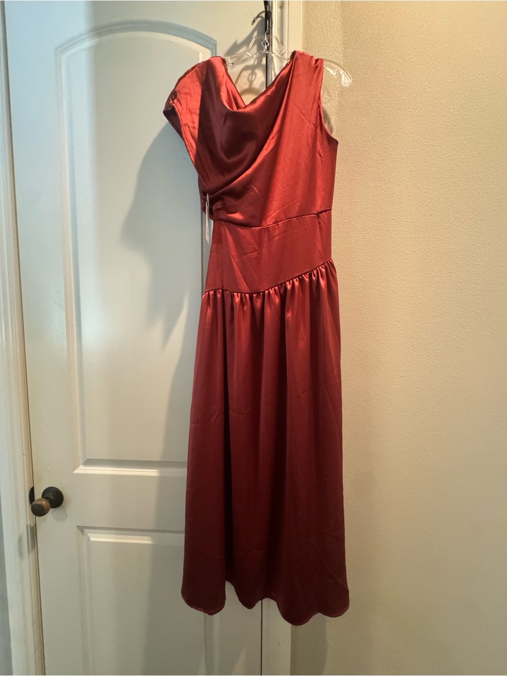 Petal & Pup One-Shoulder Satin Midi Dress in Brick Red